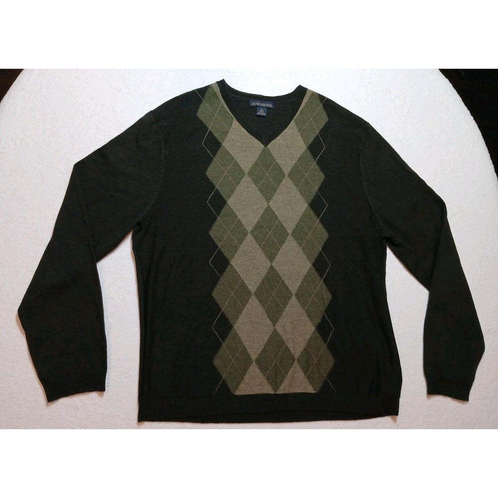 Banana Republic Men XL Sweater Extra Fine Italian Merino Wool Argyle Black Olive